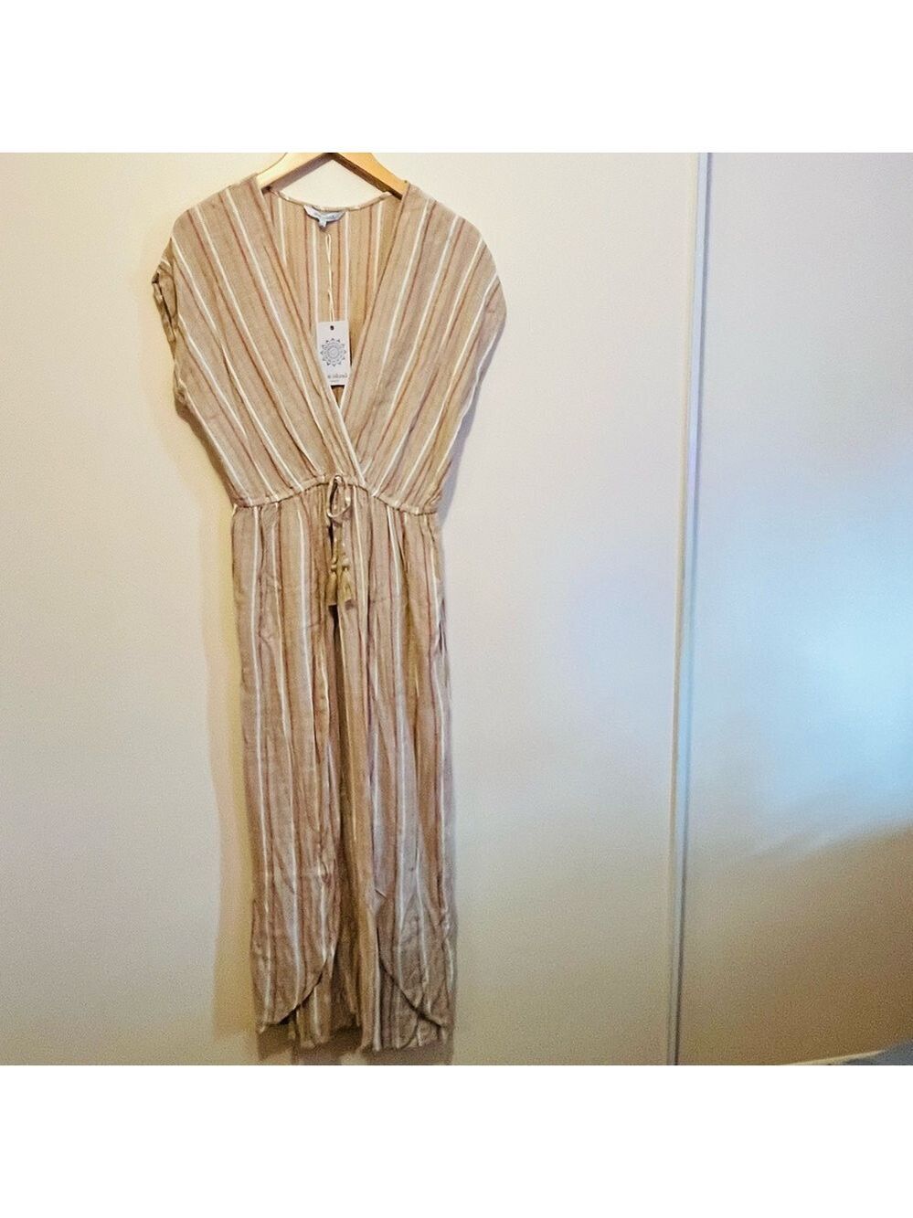 NWT Blue Island Beach Striped Beige Maxi Dress Beach coverup tropical boho sz L